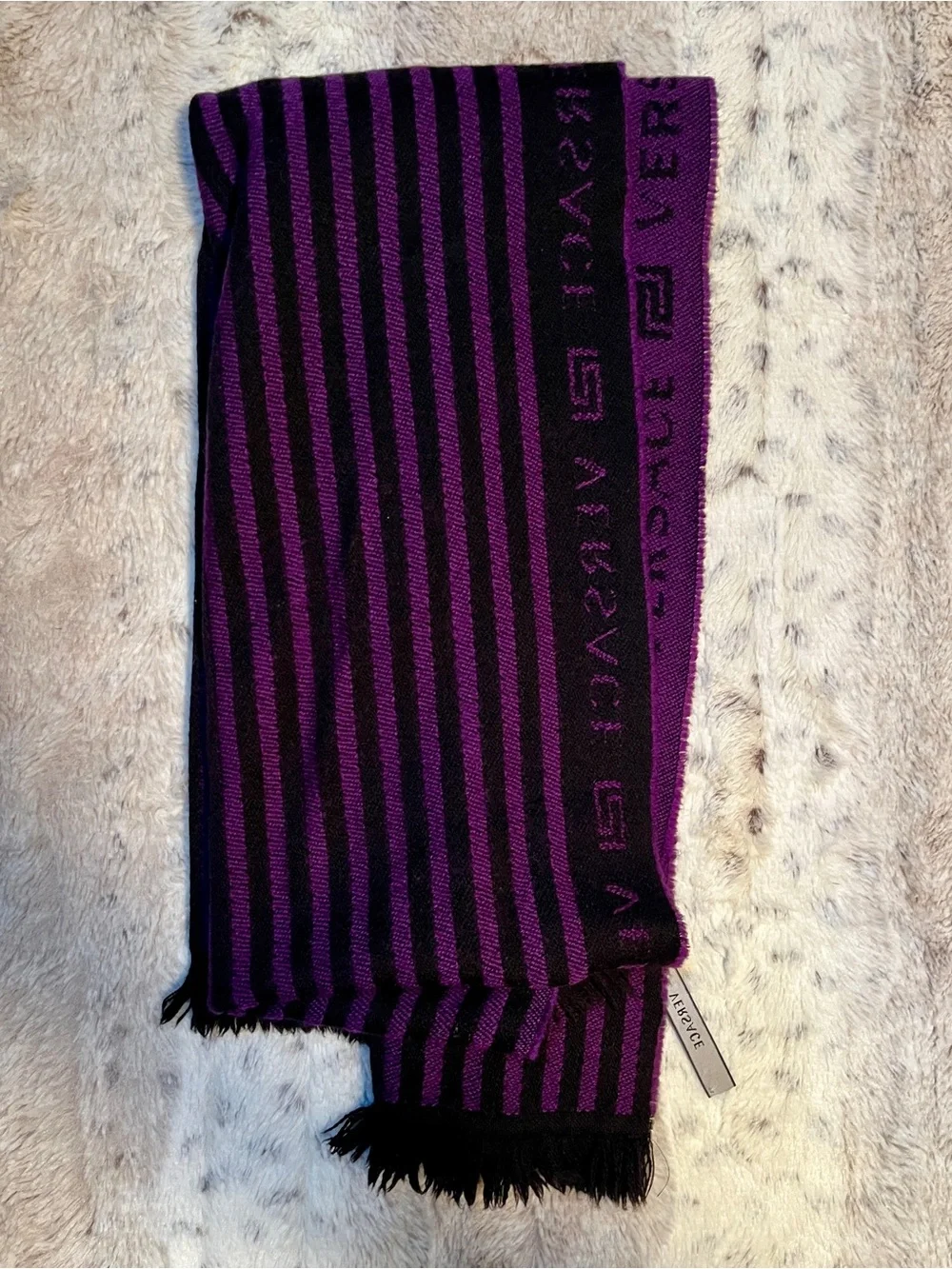 Vintage Versace Black and Purple Striped Fringe Scarf